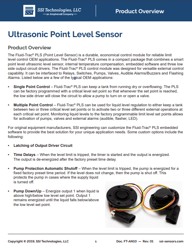 SSI Technologies Ultrasonic Point Level Sensors Product Guide