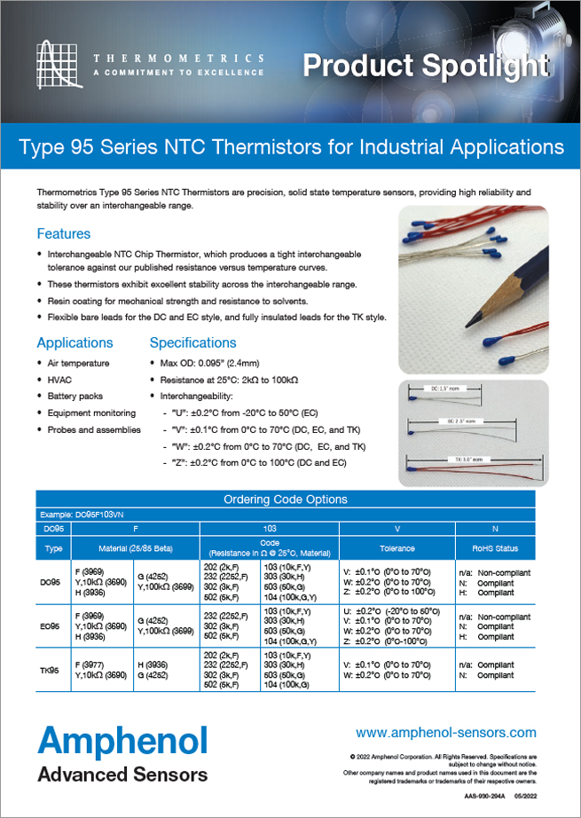 Amphenol Advanced Sensors Type 95 Series NTC Thermistors for Industrial Applications