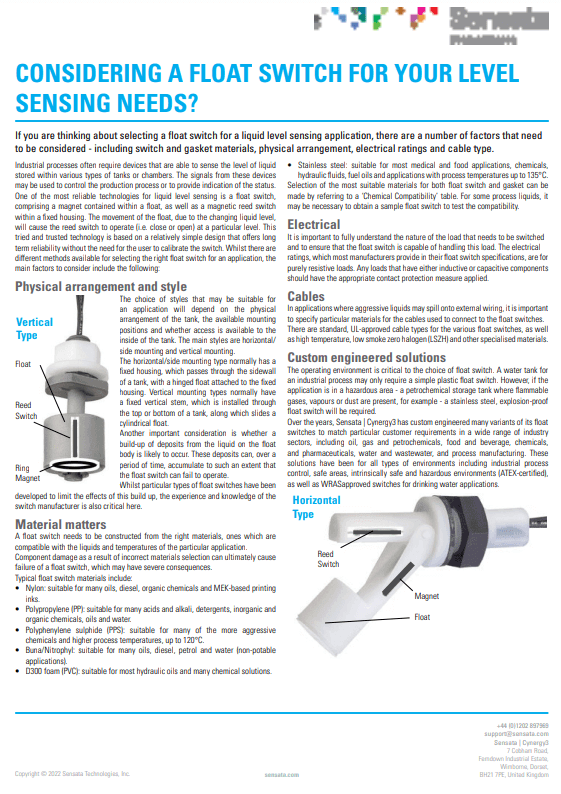 Cynergy3 Float Switch Selection PDF Cover