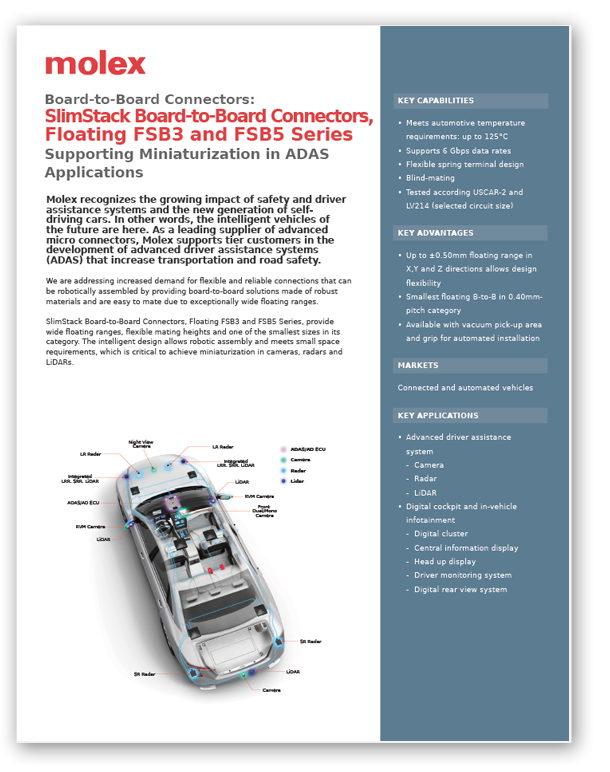 Molex Board-to-Board Connectors supporting Miniaturization in ADAS Applications