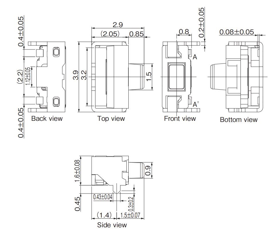 Panasonic EVPAK Series Light Touch Switches Product Dimensions