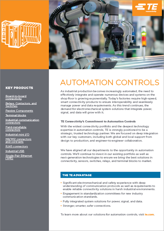 TE Connectivity Automation Control Product Sheet