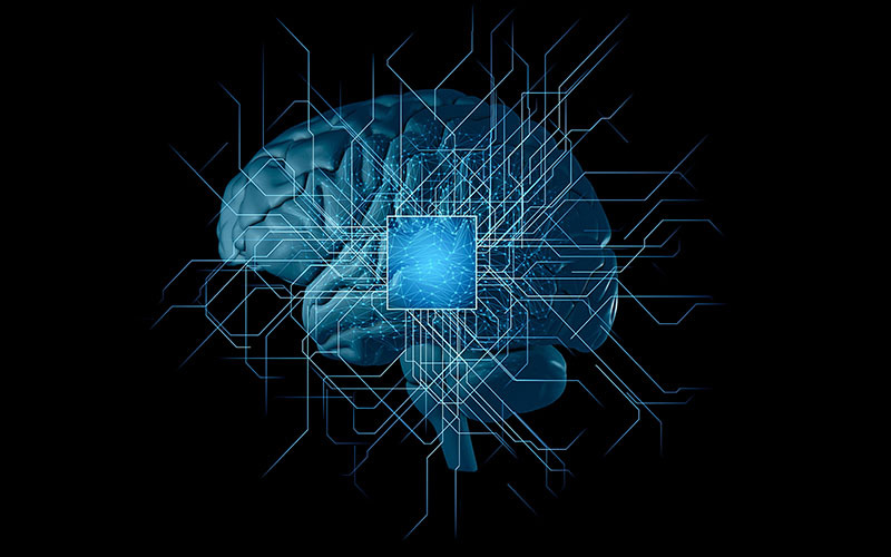 Image of a brain with a glowing microchip and circuit lines, representing AI.