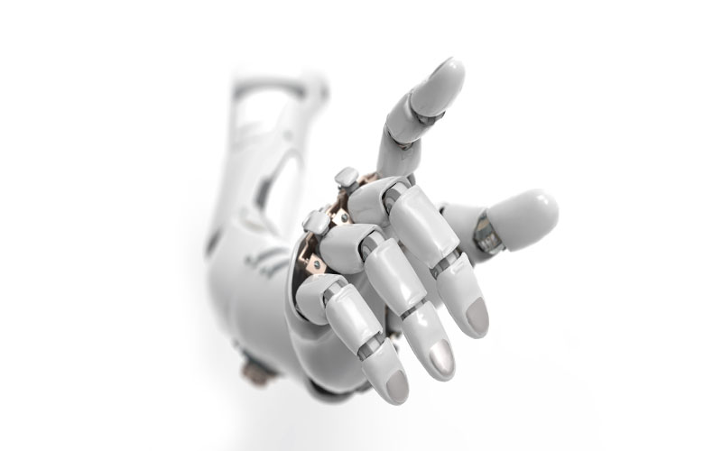 A robotic hand extends forward against a white background.