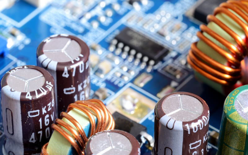 An electronic circuit board with several electrolytic capacitors