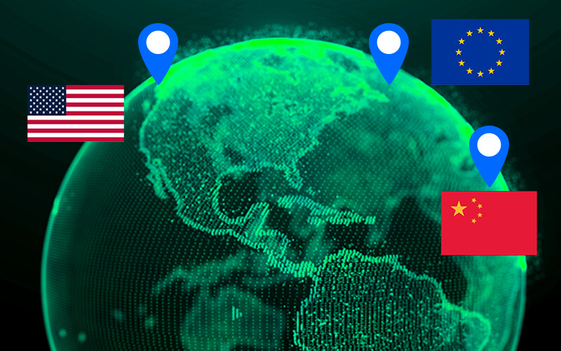 Digital rendering of the globe with different nation's flags scattered around